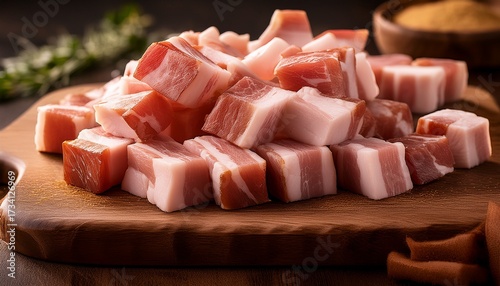 Closeup Of Cubes Of Bacon On A Rustic Wooden Board Raw