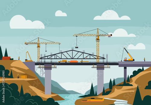 Bridge construction project over river industrial site digital scenic landscape aerial view engineering concept