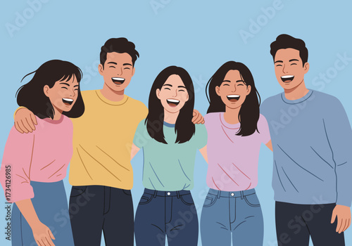 Joyful group of friends smiling together background digital bright colors engaging concept