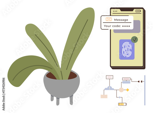 Potted plant next to smartphone screen showcasing fingerprint authentication and security code message. Ideal for privacy, security access, technology, minimalism, biometrics, data protection