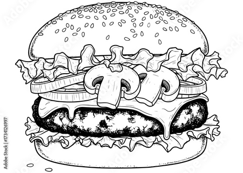 Mushroom burger vector illustration. Detailed hand-drawn monochrome sketch of a gourmet American cheeseburger with mushrooms and onions for a menu or coloring book design.

