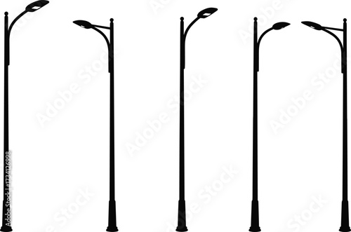Street lamp silhouette, modern curved pole, urban lighting design, city infrastructure, minimal lamp post, contemporary streetlight, outdoor illumination, urban planning, architecture