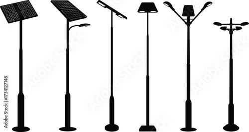 Street light poles, solar panels, modern design, renewable energy, sustainable infrastructure, silhouette, black, white, electricity, urban planning, eco-friendly, technology