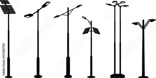 Street light poles, solar panels, renewable energy, sustainable design, urban infrastructure, silhouette, black, white, electricity, modern lighting, eco-friendly, technology