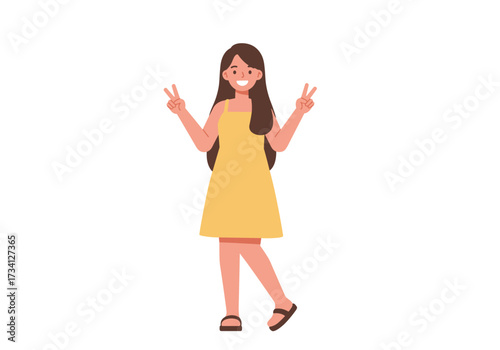 Cheerful young woman posing with peace sign urban setting style bright colors fun concept