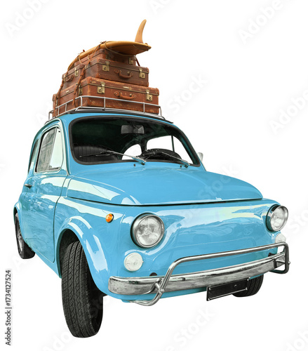 Old vintage blue microcar with leather suitcases and wooden surfing on the luggage rack, isolated on a transparent background.