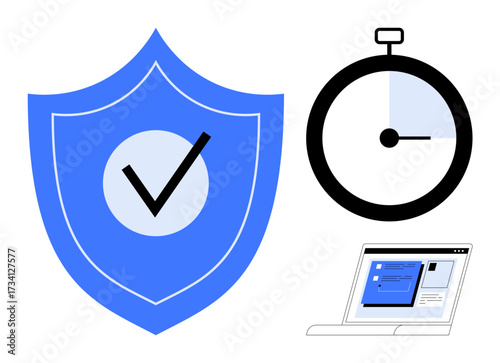 Shield with checkmark, timer, and laptop conveying secure online systems, reliable access, and efficiency. Ideal for cybersecurity, privacy, productivity, time management technology and internet