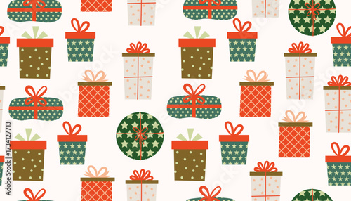 Cute seamless pattern for Christmas holidays with festive gift boxes with bright wrapping papers and bows in messy order in flat cartoon style.