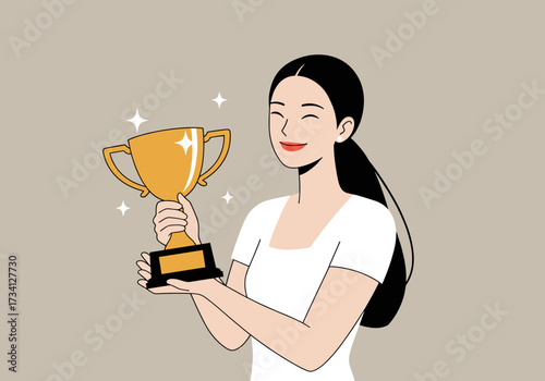 Celebrating achievement woman holding trophy minimalistic background digital joyful concept