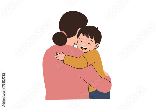 A heartwarming embrace between a mother and son indoor setting digital cheerful atmosphere