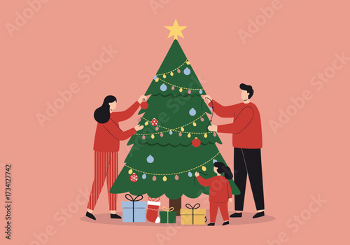 Family decorating christmas tree at home festive celebration digital warm atmosphere joyful moments