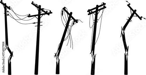 Utility pole damage stages silhouette, broken power line illustration, disaster impact design, infrastructure collapse artwork, electricity post destruction elements