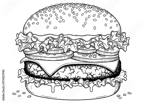 Crispy chicken sandwich or cheeseburger vector illustration. Detailed hand-drawn monochrome line art of a classic American fast food meal for a menu or coloring book page.

