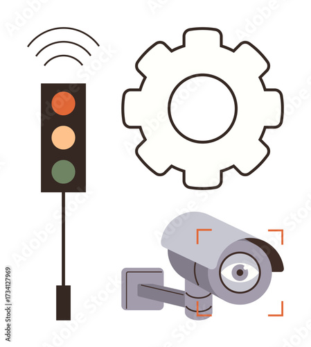 Traffic light with wireless signal, surveillance camera with red focus frame, gear icon representing automation, surveillance, safety, control, urban technology, smart systems innovation. Ideal