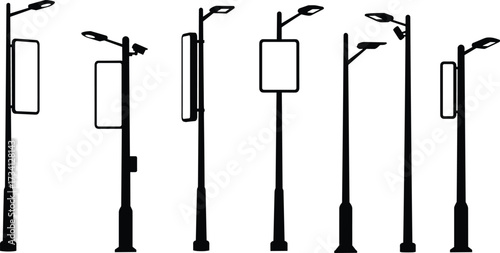 Streetlight silhouette design, urban lamp post, surveillance camera pole, modern city lighting, minimal lamp post, digital signage pole, infrastructure, smart technology