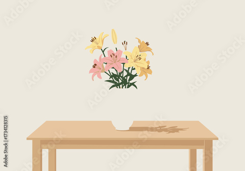 Flower arrangement on wooden table indoor minimalist style soft colors artistic perspective