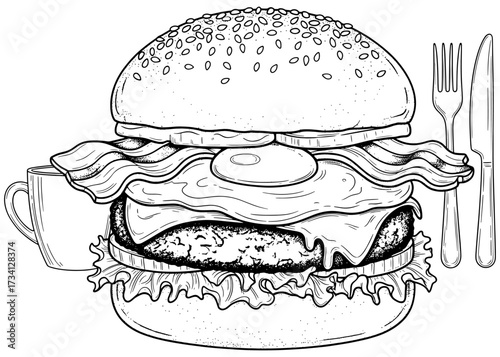 Breakfast burger with fried egg and bacon vector illustration. Detailed monochrome line art of a gourmet American cheeseburger for a restaurant menu or coloring book page.

