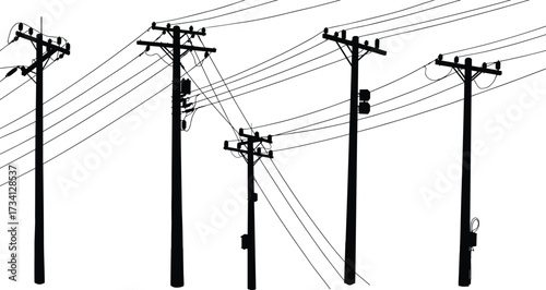 Utility pole silhouette, power line infrastructure, electrical distribution pole, energy network design, urban electricity post, transformer pole, engineering structure, overhead grid