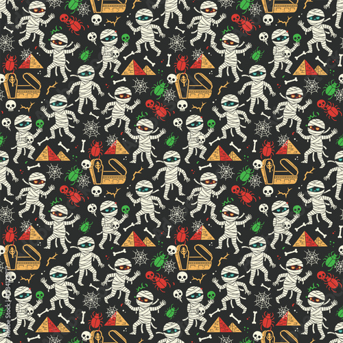 Seamless Halloween pattern with mummies and pyramids vector