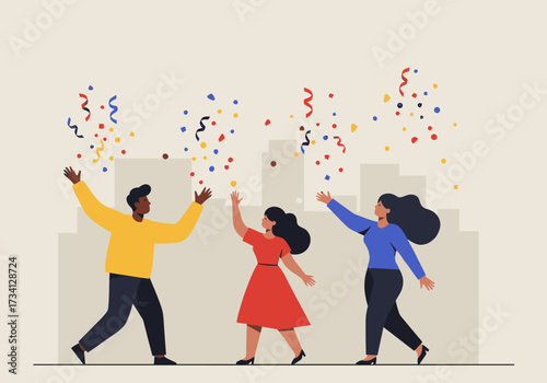 Celebration of joy among friends in a cityscape colorful confetti digital vibrant environment dynamic perspective