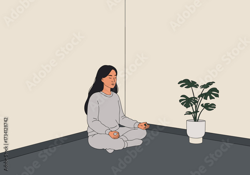 Meditation practice in a calm corner indoor space peaceful environment focused viewpoint