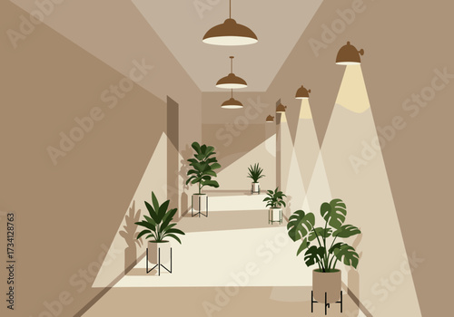 Decorative indoor plants modern hallway digital minimalist environment bright viewpoint