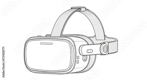 VR Headset Line Art A simple, monochrome line art illustration of a modern VR headset, showcasing its sleek design and technological features