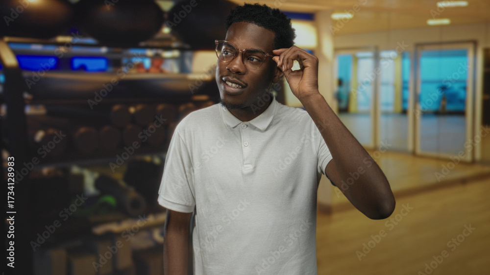 Fototapeta premium Man adjusts glasses near a dumbbell rack inside a gym studio building lit with overhead lights; contemplation.