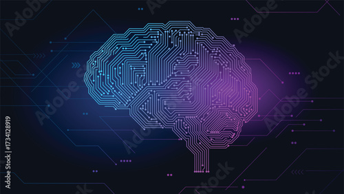 Futuristic illustration of digital brain circuit technology with artificial intelligence design showing neural network pattern and innovation concept
