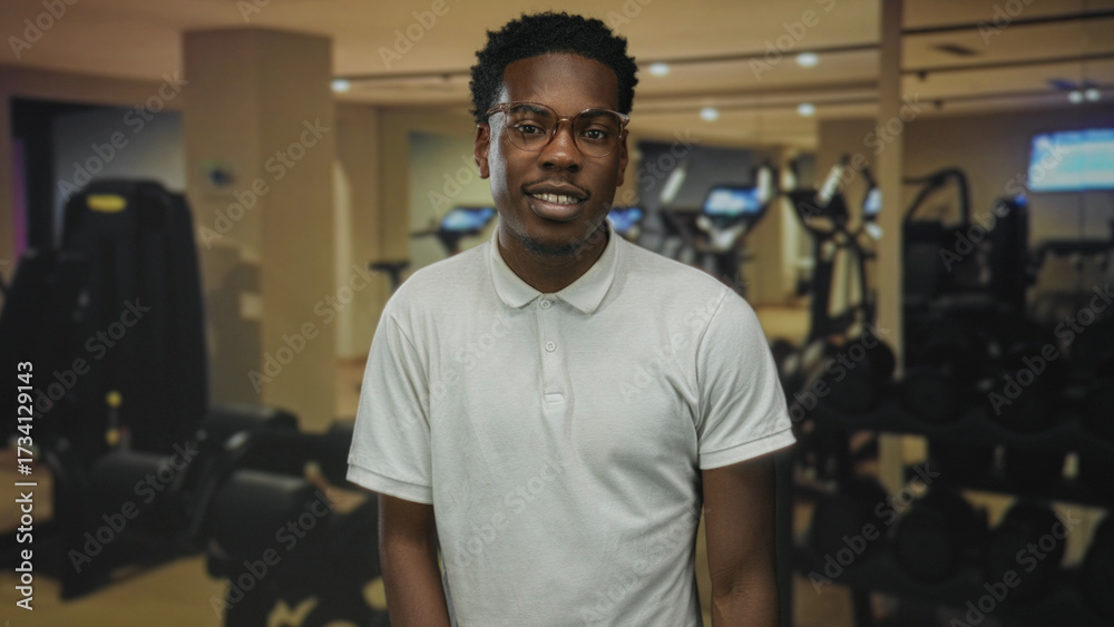 Fototapeta premium Man wearing glasses and a white polo shirt stands smiling by a weight rack in a modern gymnasium; confidence.