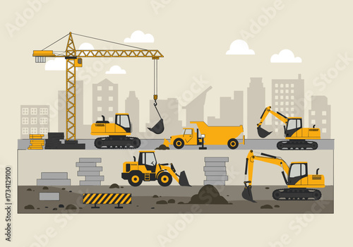 Construction equipment operating in urban landscape digital industrial environment aerial view heavy machinery concepts
