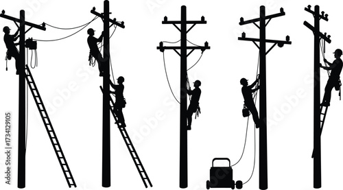 Utility workers on power poles, electrical line repair silhouettes, safety gear, maintenance crew, electricity infrastructure, industrial labor, energy distribution