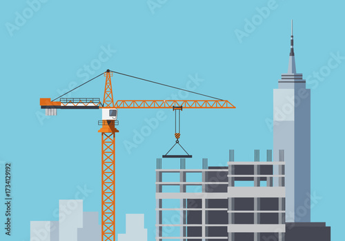 Construction crane lifting steel beam city skyline digital urban environment eye level modern architecture