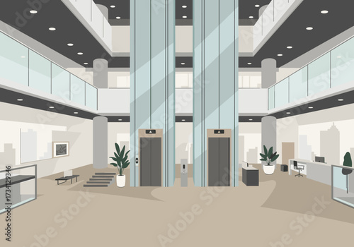 Modern office lobby with elevators business center interior design contemporary space wide angle view professional atmosphere