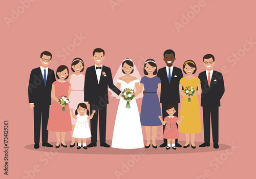 Wedding celebration group portrait outdoor venue joyful atmosphere family and friends gathering