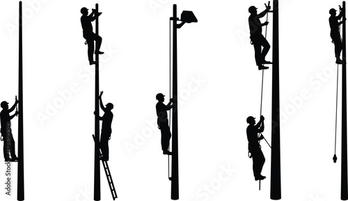 Utility workers silhouette, climbing poles, rope system, ladder climbing, electrical maintenance, safety gear, teamwork, infrastructure repair, electricity service, telecommunication work