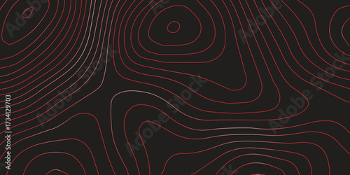Detailed abstract topographic contour red lines black background geographic mapping terrain path modern cartography vector illustration
