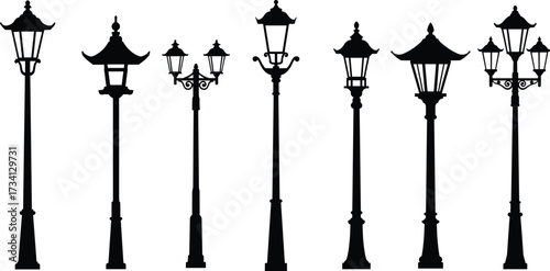 Vintage street lamp silhouette, ornate lamp post, classic lantern design, historical city lighting, decorative pole, traditional streetlight, urban architecture, heritage infrastructure