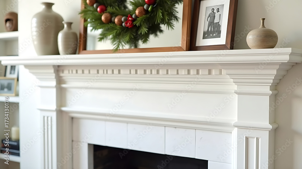 Obraz premium Cropped View of White Wooden Mantelpiece with Holiday Wreath Decoration