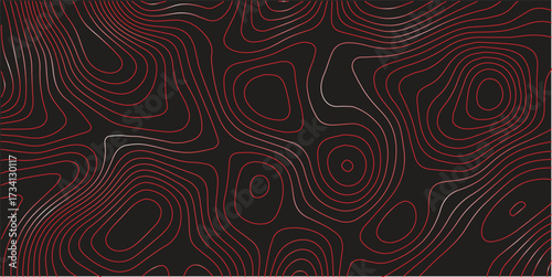 Ultra wide panoramic topographic map red contour lines black background terrain path illustration modern cartography vector artwork for decorative landscapes
