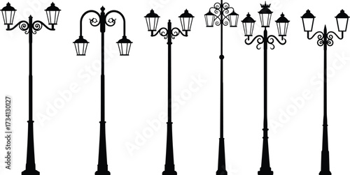 Vintage street lamps silhouette, ornate lanterns, decorative lighting, classic lamp posts, urban design, historical style, city infrastructure, public lighting, architecture detail