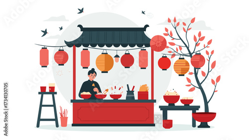 Traditional Asian Street Food Stall Illustration in Minimalist Style
