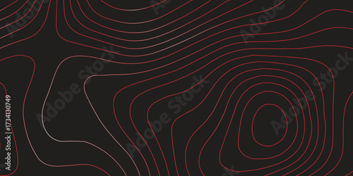 Abstract topographic contour map illustration red lines on black background geographic terrain path modern cartography vector artwork ultra wide panoramic design
