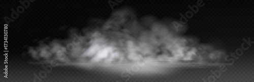 Realistic white smoke cloud on dark background with floor creeping fog texture.