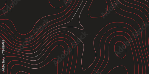 Abstract topographic contour map illustration red lines on black background geographic terrain path modern cartography vector artwork ultra wide panoramic design
