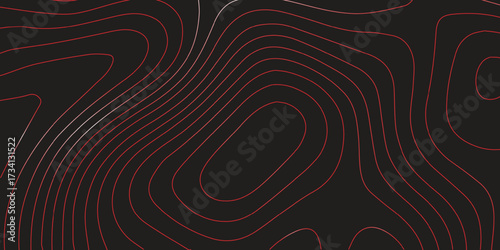Ultra wide panoramic abstract topographic contour map red lines black background terrain path mapping modern cartography vector artwork decorative landscapes
