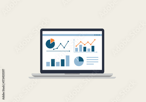 Analyzing business data trends on laptop office environment digital dashboard informative viewpoint analytics concept