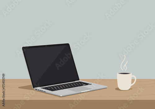 Working at home laptop and coffee on wooden desk in minimalist environment aesthetic lifestyle scene