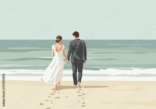 Beach wedding celebration oceanfront romantic setting rear view love and commitment