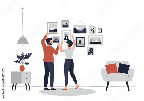 Couple decorating home living room digital modern space eye-level view home and lifestyle concept